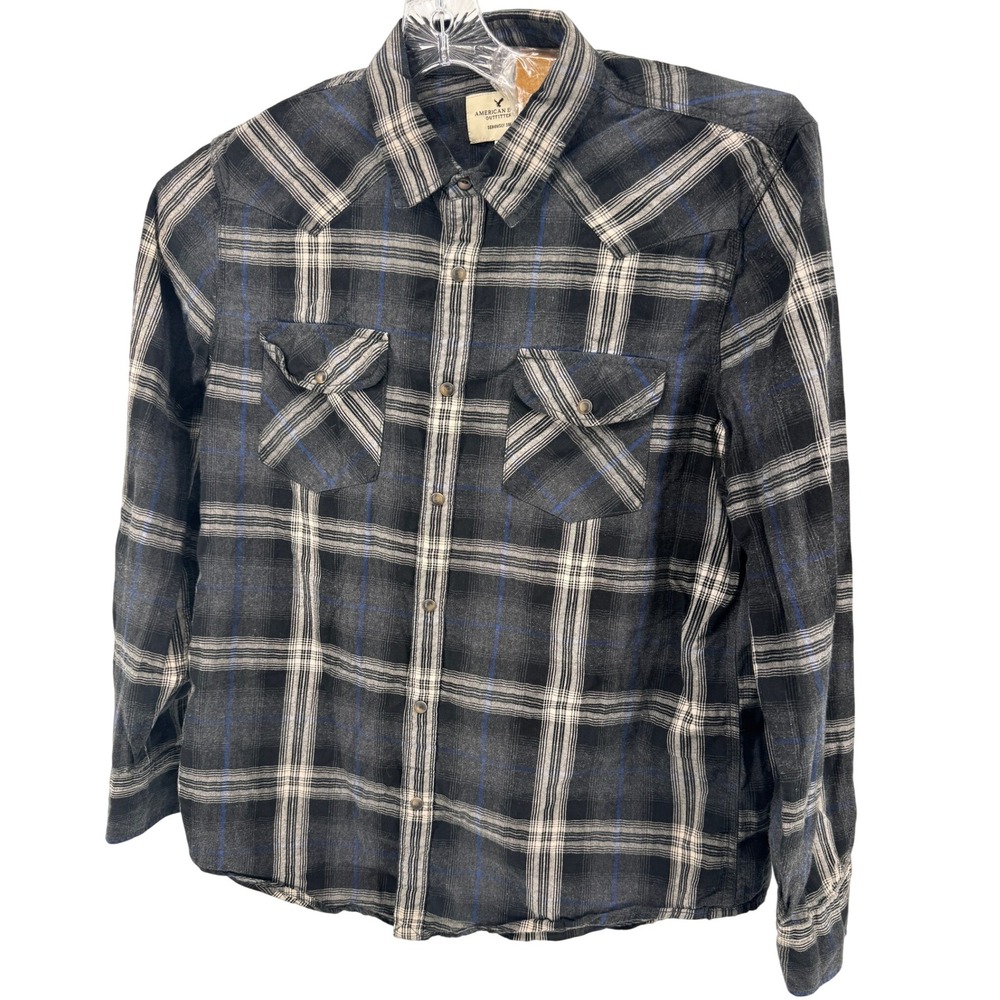American Eagle Outfitters XXL Flannel Shirt Pearl Snap Plaid Western Long Sleeve